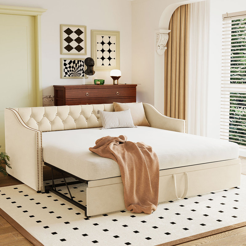 Upholstered Daybed With Pull-Out Trundle Bed, Beige