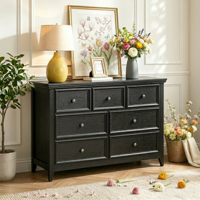  47" Wooden Dresser with 7 Drawers, Tall Chest of Drawers, Storage Tower Cabinet with Metal Handles, Storage Dressers Organizer for Entryway, Living Room, Bedroom