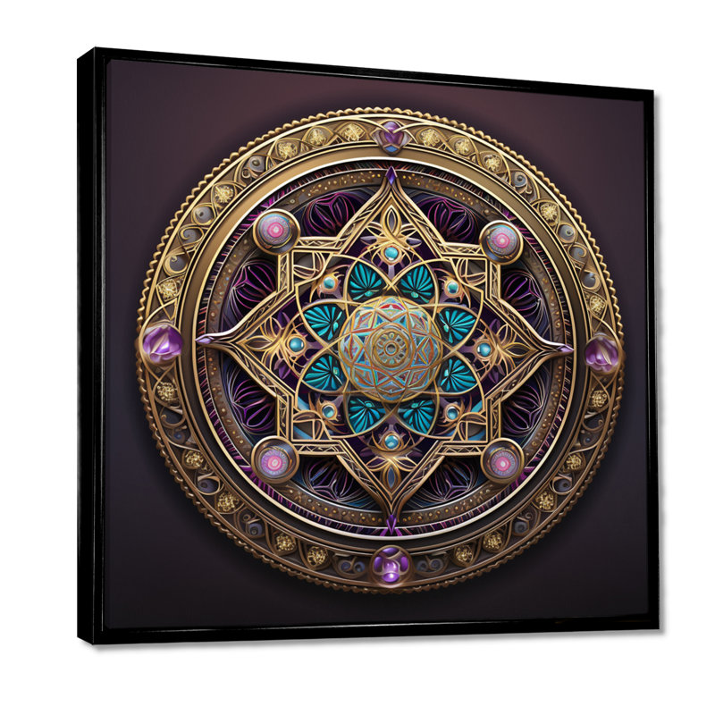 Sceau d'or - Essence turquoise - Boho Mandala Wall Art Living Room, Toile avec cadre flottant noir