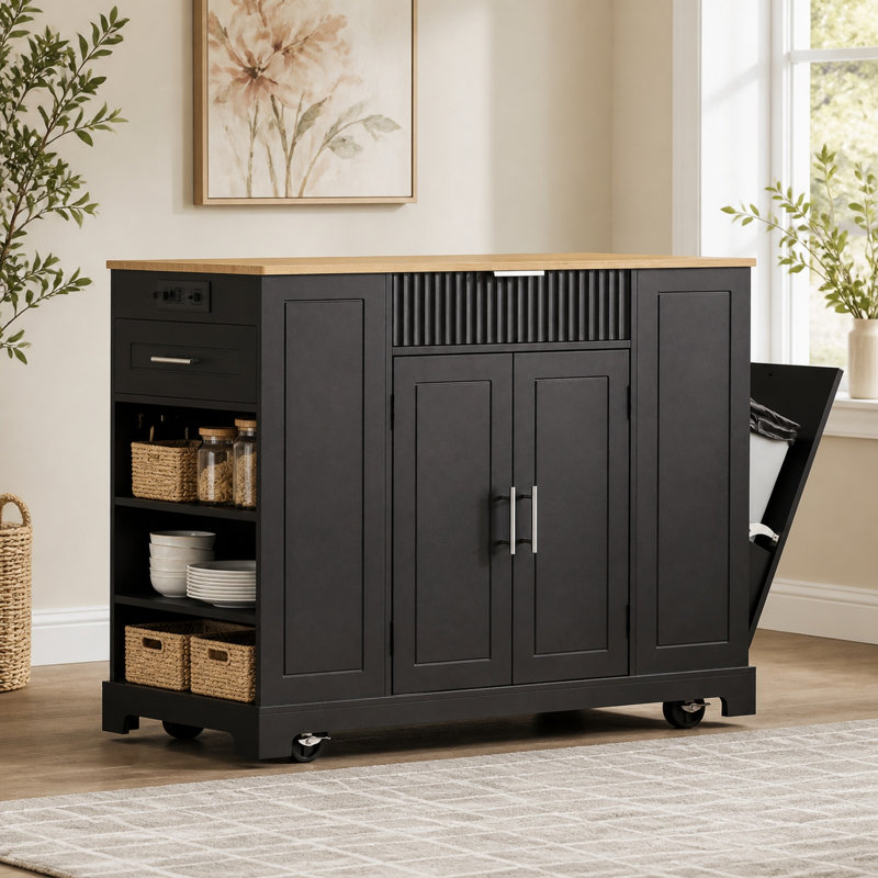 Chariot de cuisine 48,5 "de large cannelé avec armoire à poubelle et prise de courant, noir, Black