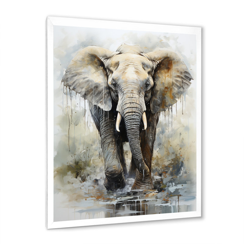 Éléphant élégant en mouvement I sur toile, Cadre simple blanc, H 40 po x l 30 po x P 1,5 po