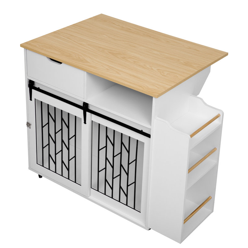 Pet Kitchen Island End Table Dog Crate With Elegant Appearance, White Finish And - Toned Wood, Side Shelves For Extra Storage, Metal Hinges Modern Design, Ample Unique Sliding Doors, Space Wood