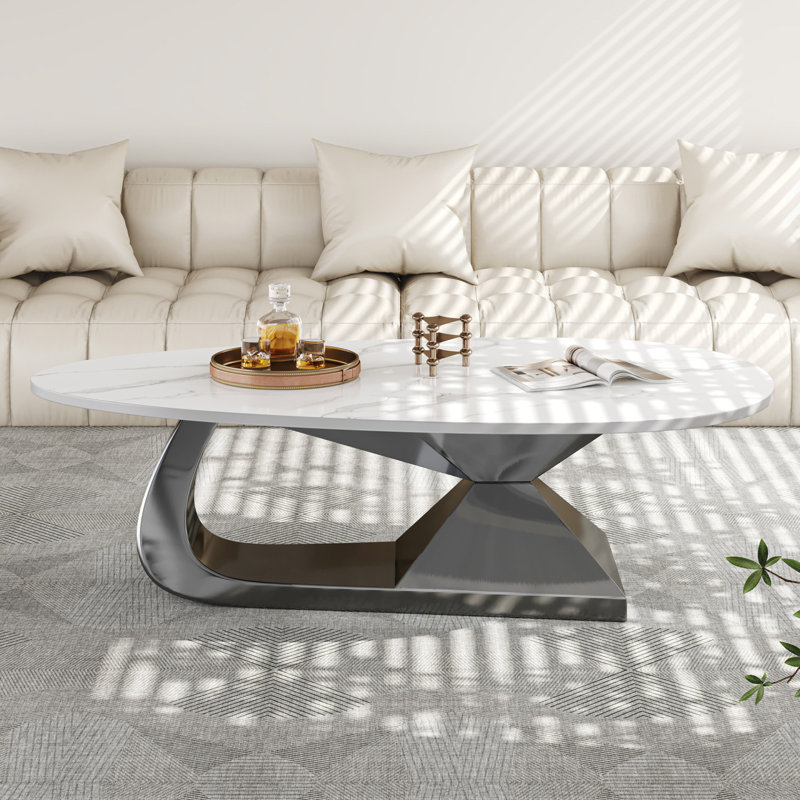 Modern Sintered Stone Tabletop Coffee Table With Stainless Steel Base - Elegant And Durable Living Room Centerpiece, Silver