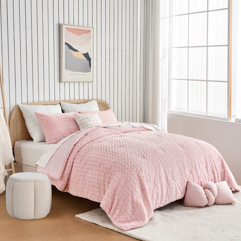Wonderful Faux Fur Comforter Set 3 Piece Tie Dye, Pink, Twin Comforter + 1 Standard Sham