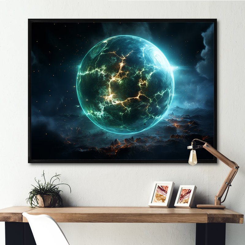 Vert et jaune, planète cosmique, art mural, Cadre flottant noir, H 30 po x l 40 po x P 1,5 po