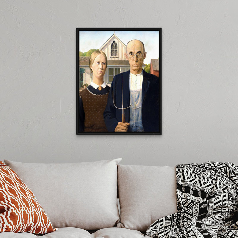 «American Gothic» par Grant Wood - impression, H 32 po x l 26 po x P 1,75 po, Cadre flottant noir