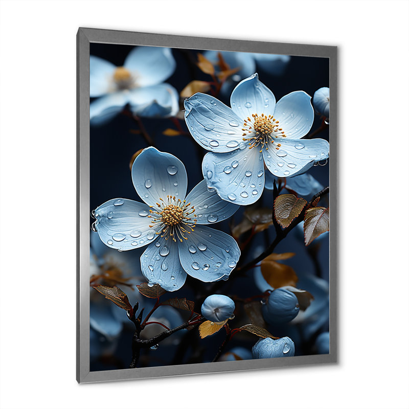 Cornouiller en fleurs dans des tons de gris - imprimé, Cadre simple argenté, H 32 po x l 24 po x P 1 po
