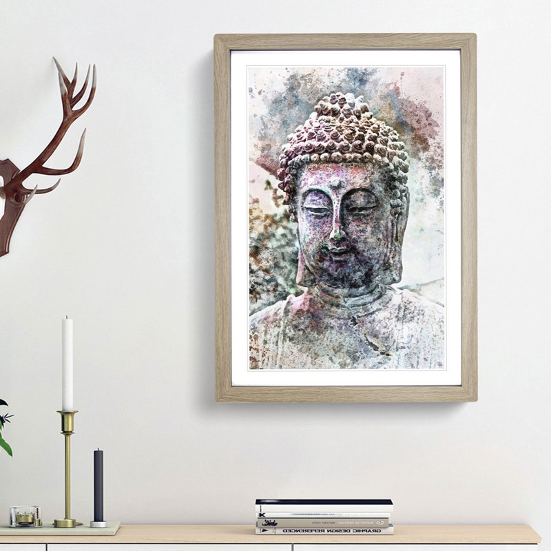Peaceful Buddha in Abstract - Picture Frame Painting Print on MDF, Oak Framed, 65cm H x 48cm W x 2cm D