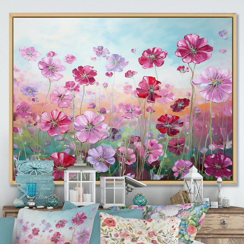 Fleurs de géraniums élégantes sur toile, H 12 po x l 20 po x P 0,5 po, Cadre naturel flottant