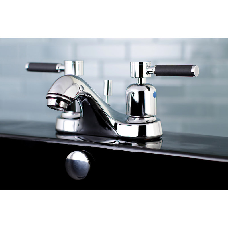 Kingston Brass Kaiser Two-Handle 3-Hole Deck Mount 4" Centerset Bathroom Faucet with Plastic Pop-Up, Polished Chrome