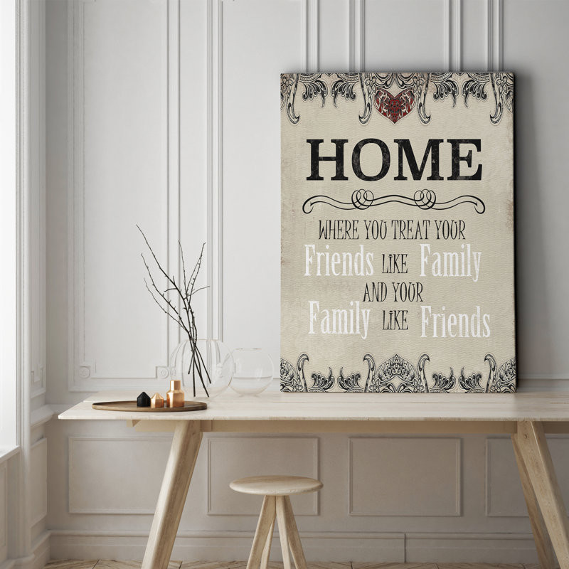 « home », art textuel sur toile tendue, H 16 po x l 20 po x P 1,5 po