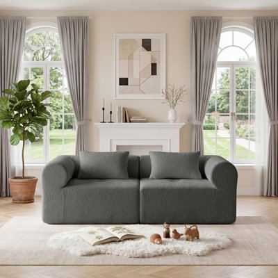 2-Piece Bouclé Modular Sectional Sofa, Left And Right Arms, Pocket Springs, Compression Roll-Pack, No Assembly Required, Washable Covers, Gray
