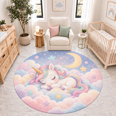 "Ultra Thin" 6' x 6' Sleeping Unicorn Moon Stars Cloud Round Area Rug, Soft Low Pile Indoor Rug and Non-Slip Silicone Backing Carpet for Nursery, Kids Room and Bedroom