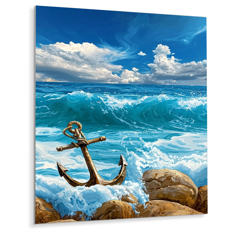Anchor on the Rocks I - art mural en métal bord de mer, reproduction métallique nautique, H 20 po x l 12 po