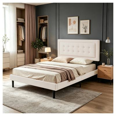 Queen Size Velvet Upholstered Platform Bed with Square Tufted Headboard, Beige
