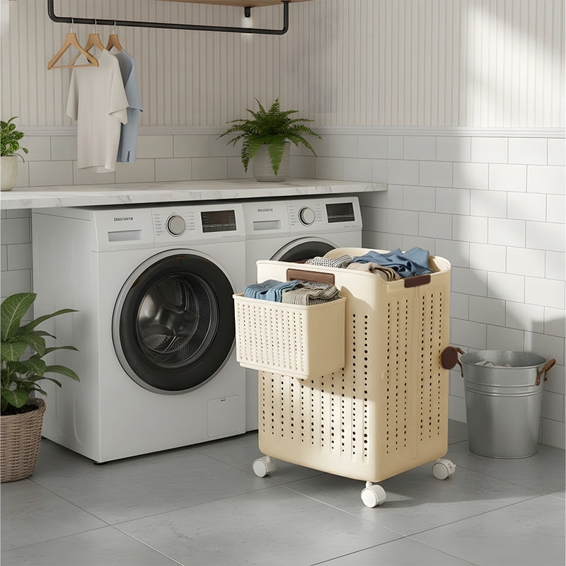 Plastic Laundry Basket, Cream, 47 cm H x 34 cm W x 31 cm D
