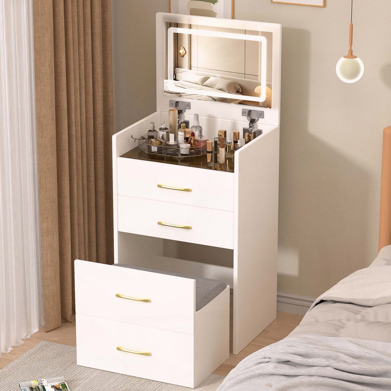 Bureau de coiffeuse 3-en-1 avec miroir rabattable et bureau en verre