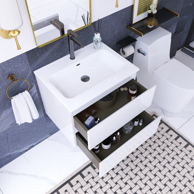 24 po W Meuble-lavabo mural simple avec un trou de robinet, Blanc