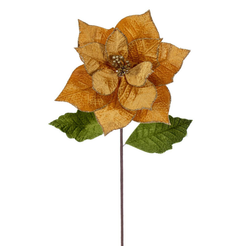Vickerman 12" x 20" Velvet Razor Poinsettia Stem. It includes four pieces per bag., Gold