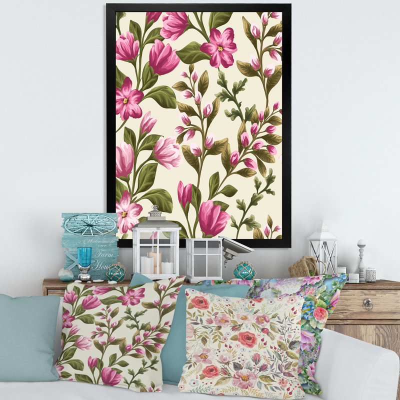 Fleurs roses rétro - peinture sur toile, H 32 po x l 16 po x P 1 po, Cadre photo noir
