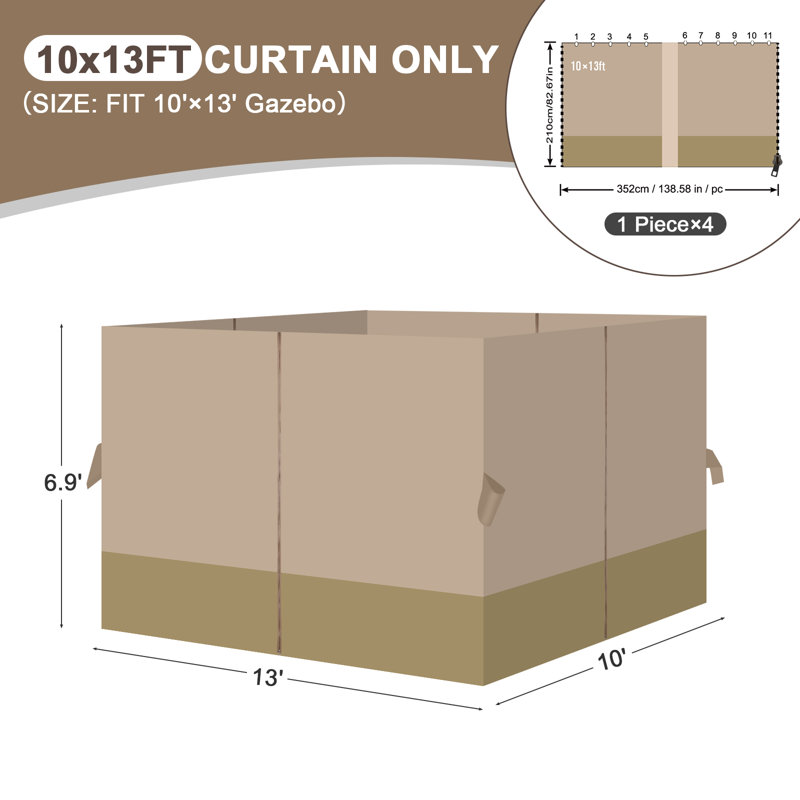 Aoodor Replacement 4-Panel Gazebo Sidewall Curtains, 82.7" H x 120" W x 156" D, Sand Yellow and Khaki