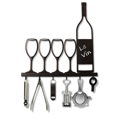 Dark bronze metal wine glass and bottle wall hook rack with 6 hooks, 17.5 inches high