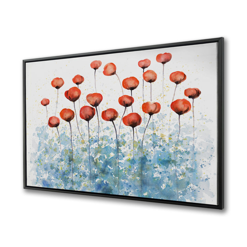Fleurs rouges avec éclaboussures de peinture bleue - art floral sur toile