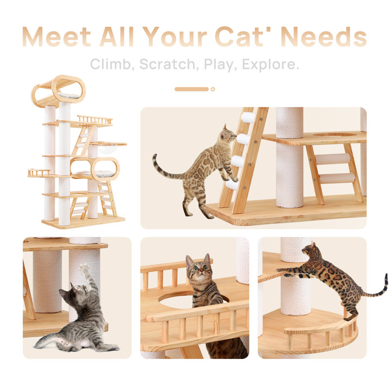 76.7 H  Large Solid Wood Cat Tree Multi-Level Tall Cat Tower Cat Tree for Indoor Cats Large Adult