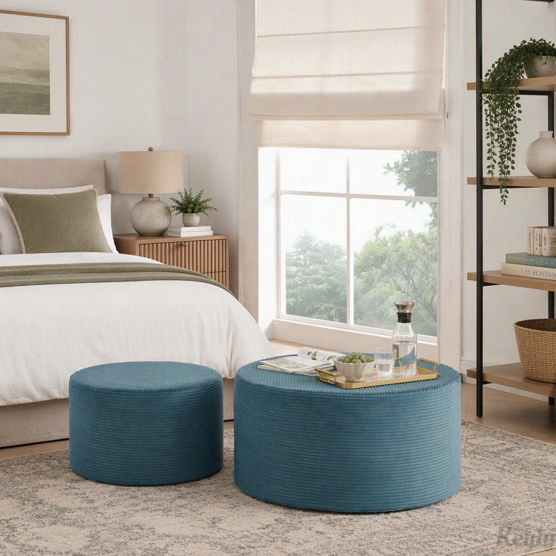 Ensemble de 2 poufs cylindriques rembourrés, Blue, Blue