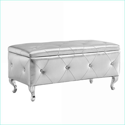 Ottoman Storage Bench – Faux Leather with Crystal Buttons for Bedroom/Living Room/Entryway | Brushed Silver | Metal