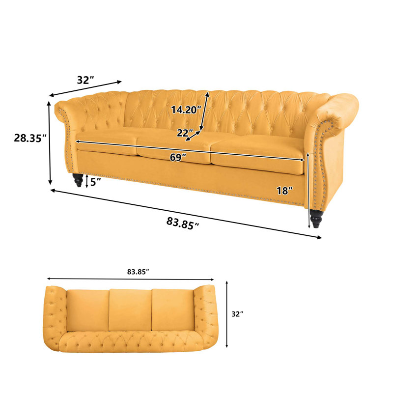 Jemotte 83.85'' Upholstered Velvet Sofa, Yellow Velvet