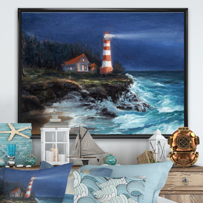 Phare qui brille au-dessus de l'océan la nuit - reproduction d'art sur toile