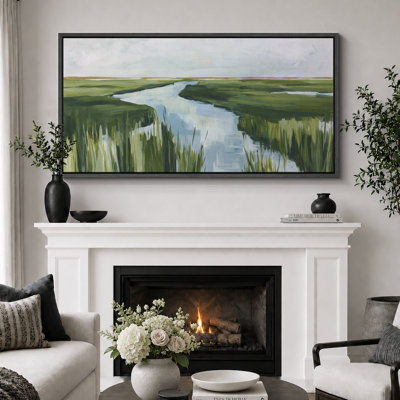 «Green River Meadow Landscape Impressionist Pastoral For Living Room», très grande impression sur toile encadrée