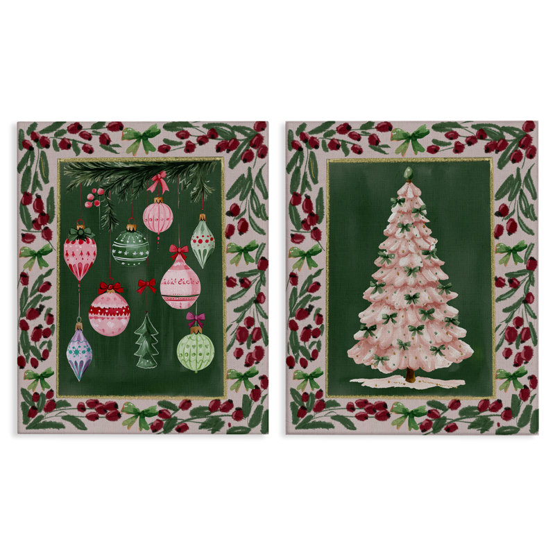 Ensemble de 2 toiles vintage ornements et bordure d'arbre, design par Yen, H 20 po x l 16 po