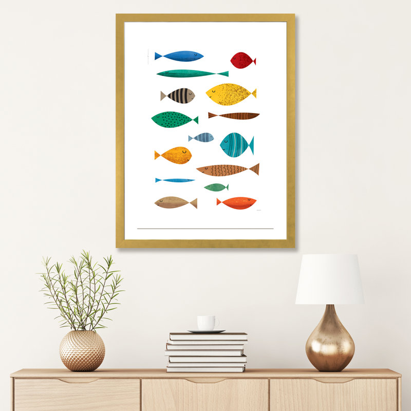 " Fish ", White, Gold Framed Paper, 32" H x 24" W x 1" D