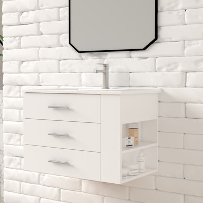 Aurilla 24 in. Single Sink Wallmount Bath Vanity with White Ceramic Countertop in Matte White with Right Side Shelf