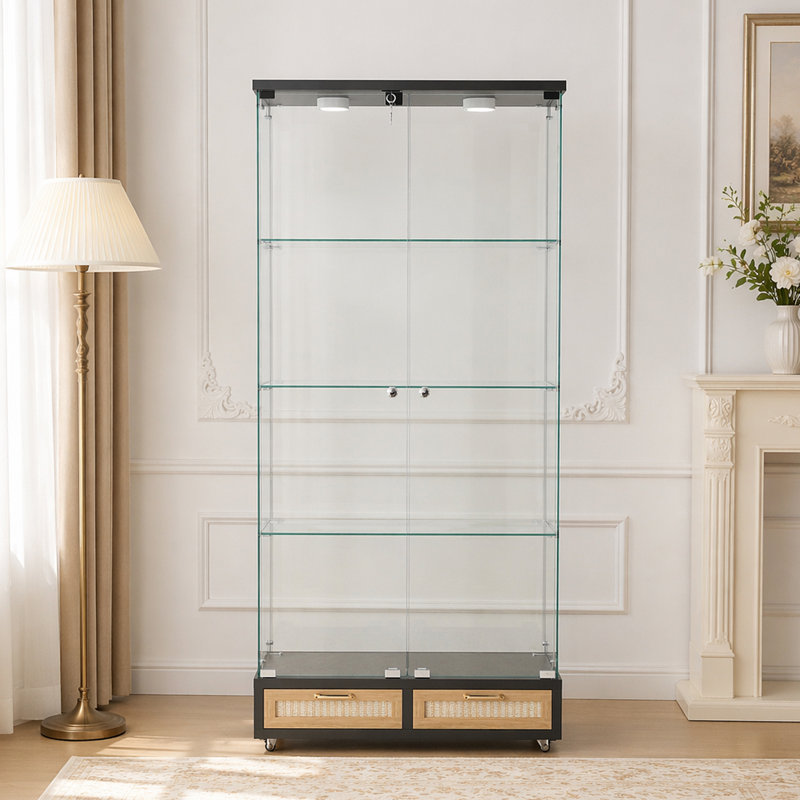 Vitrine moderne avec grands tiroirs, conception à assemblage rapide, lumières DEL, idéale pour divers espaces et objets de collection