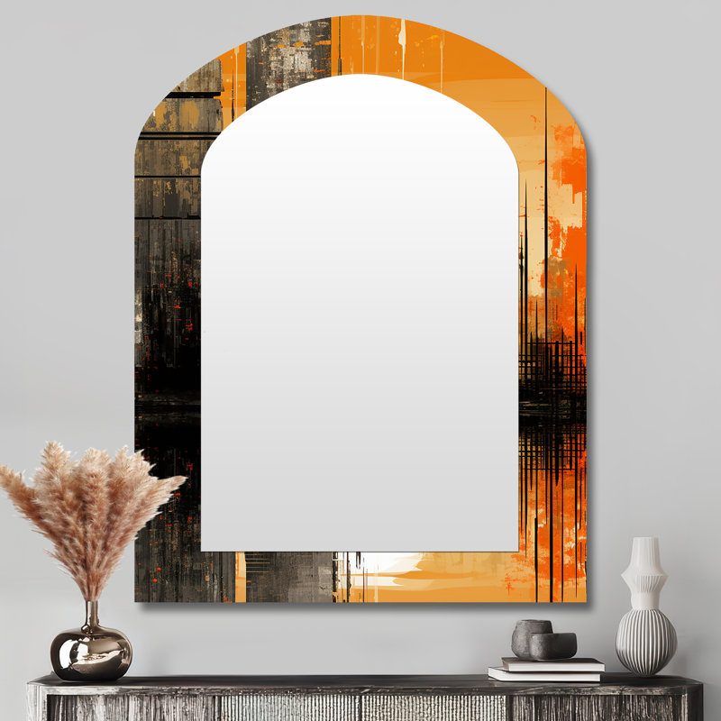 Abstrait paysage urbain coucher de soleil - abstrait mural asymétrique abstrait, grand miroir orange, impression sur métal