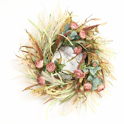 24" Artificial Farmhouse Mixed Leaves Dried Harvest Grass Berry Fall Pampas Grass Roses Floral Wreath Thanksgiving Decor