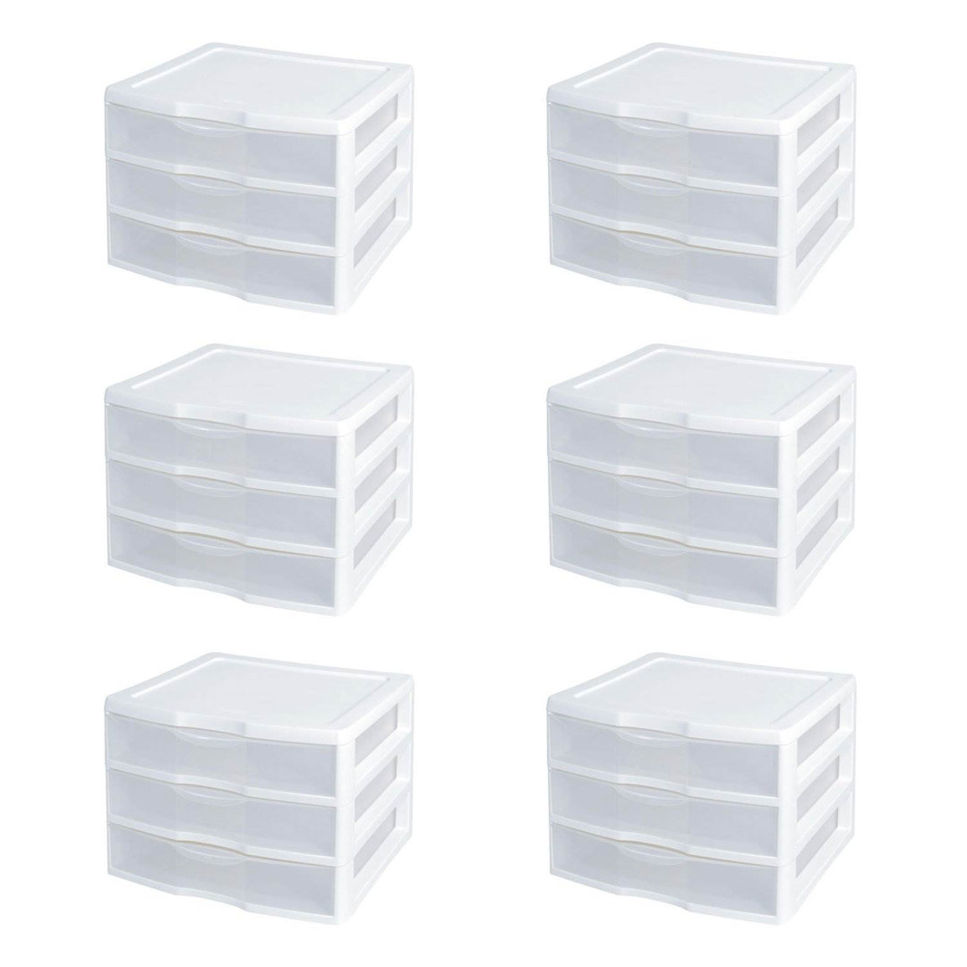 Sterilite Clear Plastic Stackable Small 3 Drawer Storage System, White (Set of 6) Sterilite