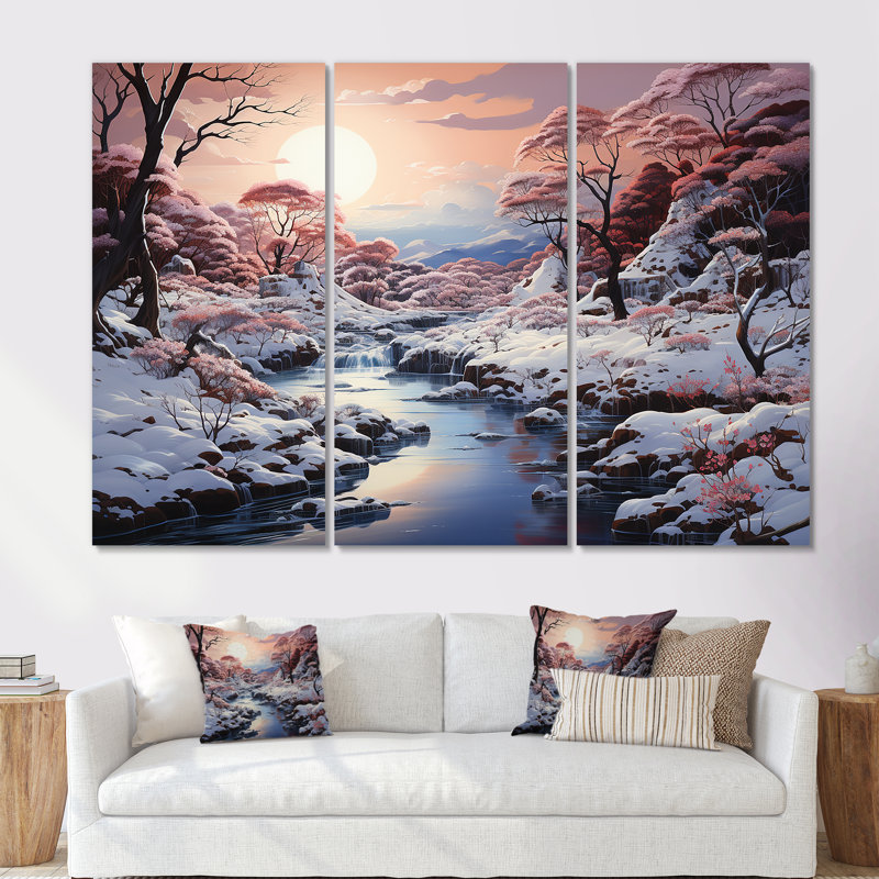 Ensemble de salon Kawaii Winter Landscape Sunrise - Snow Wall Art, Toile tendue, H 28 po x l 36 po x P 1 po