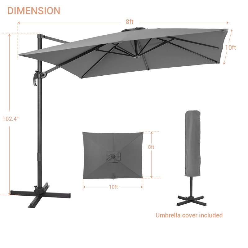 Parasol rectangulaire en porte-à-faux 10 pi x 8 pi Denise, Gris