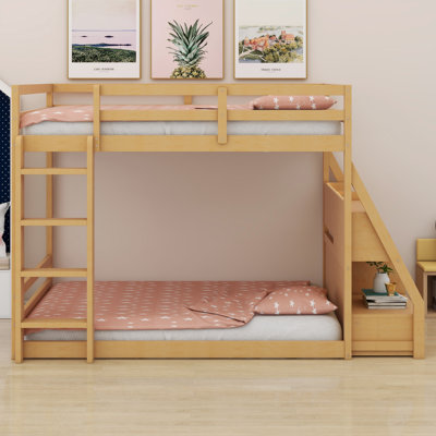 Lit superposé en bois avec lumières DEL 7 couleurs contrôlées par l'application, station de charge USB, tablettes de rangement ouvertes et 2 tiroirs