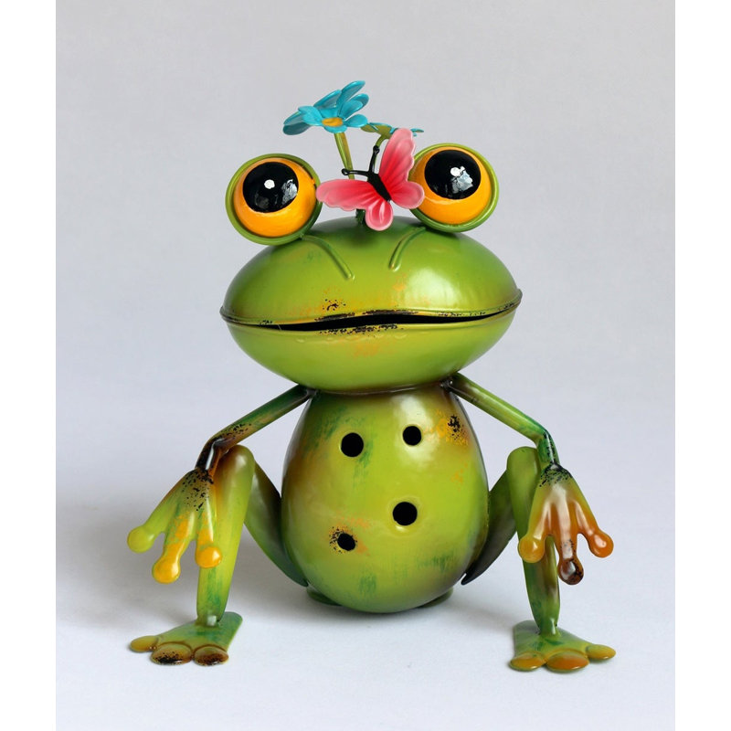 Sculpture de jardin grenouille assise avec papillons