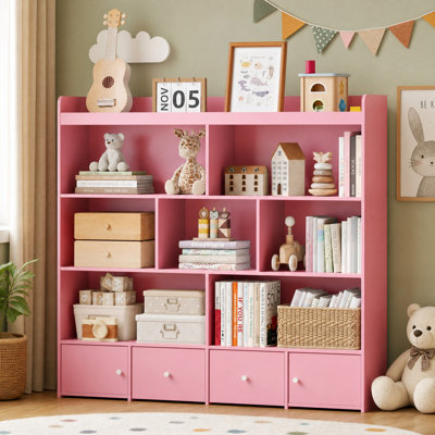 Kids Toy Storage Organizer Bookcase with 7 Cubes, 2 Sliding Drawers & 2 Magnetic Cabinet Doors, Playroom Toy Chest Storage Cabinet Children Bookshelf by Trinx