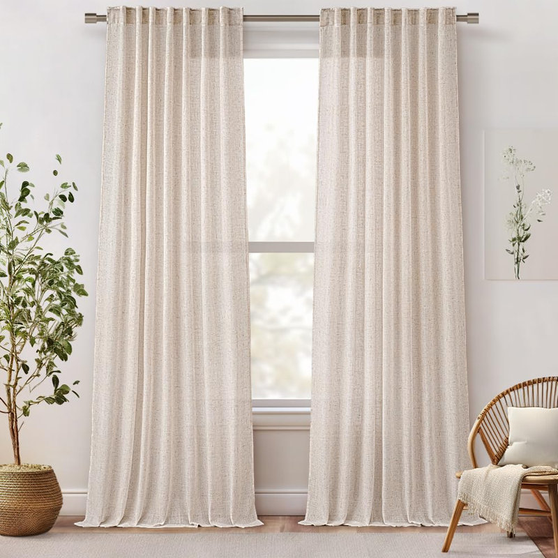 96 Inches Long Natural Linen Curtains 2 Panels, Pinch Pleated Hooks Thick Linen Textured Window Drapes Back Tab Semi Sheer Light Filtering