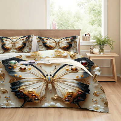 3Pcs Luxury Golden Butterfly Bedding Premium Microfiber Duvet Cover Elegant Floral Print Pillowcases Soft Breathable Fade Resistant for Master Bedroom Guest Room Home Decor