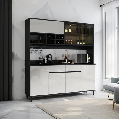 Armoire de rangement pour le thé et le vin de 80,61 po en bois franc fritté de luxe, en noir et blanc
