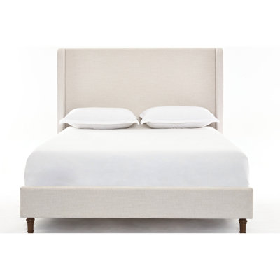 54" Tall Headboard Upholstered Queen Bed Frame, Canvas Upholstery, Metal Side Rails, Solid Oak Feet In Walnut Finish, Modern Bedroom Arrangement Size Frame With Wingback Headboard, Construction, -