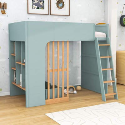 Lit mezzanine en bois 1 tiroir avec échelle, garde-corps et tablettes intégrées